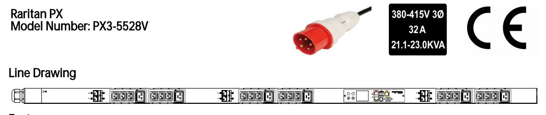 Raritan Monitored rack power distribution unit, 440V 32A 3Ph, 22.2kVA, IEC 60309 with 18@C13 & 6@C19 ZeroU Outlets 