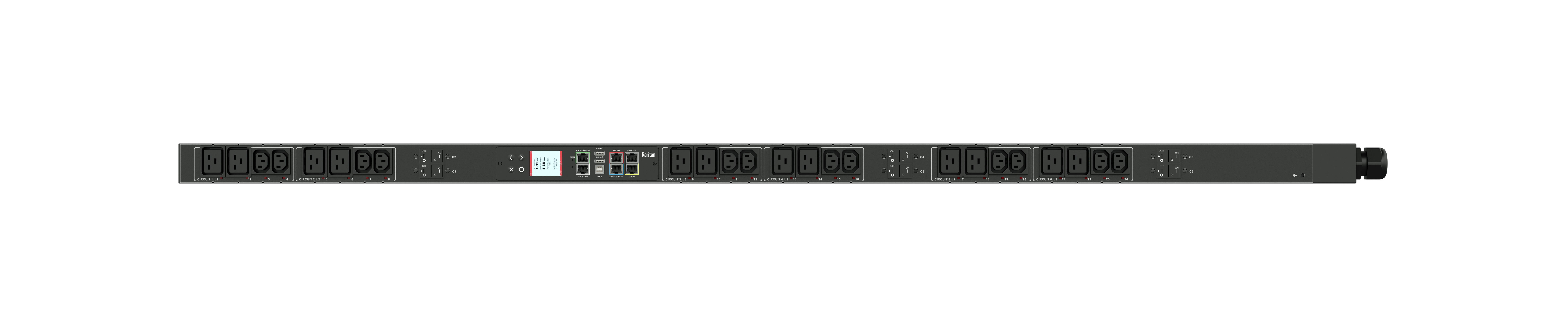 Raritan Monitored rack power distribution unit, 400V 32A,3-phase WYE, 22.2kVA, IEC 60309 Plug with 12@C13 & 12@C19 ZeroU [vertical] Outlets