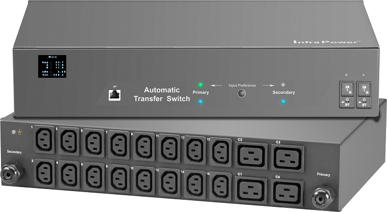 Intelligent ATS, Horizontal 2RU, 16xC13 & 4xC19 Sockets, 230V 32A, 2x 3m leads with 60309 Commando plug, Circuit Breakers, Black 