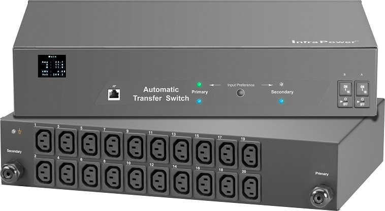 Intelligent ATS, Horizontal 2RU,  20xC13 Sockets, 230V 32A, 2x 3m leads with 60309 Commando plug, Circuit Breakers, Black 