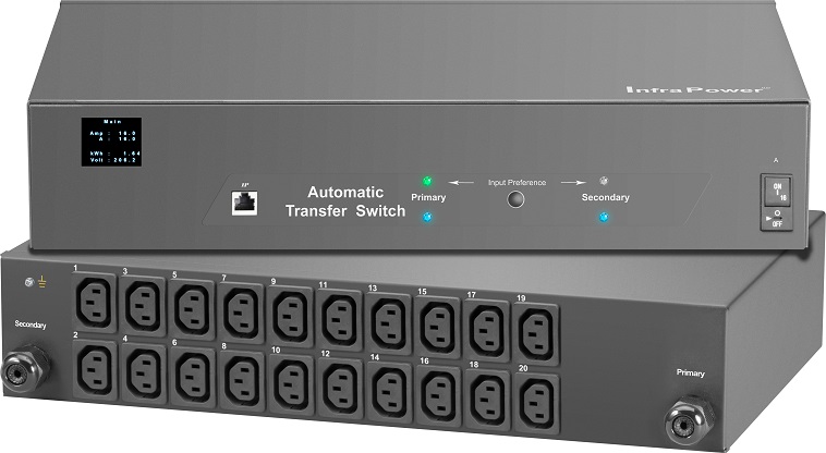 Metered ATS, Horizontal 2RU,  20xC13 Sockets, 230V 16A, 2x 3m leads with IEC320 C20 plug, Circuit Breakers, Black 