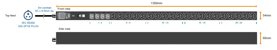 AH - Vertical Basic PDU 20@Au GPO 3 Pin & 4@C13 Sockets, 32A, 3M lead, MCB, Top Fed, IEC60309 Plug