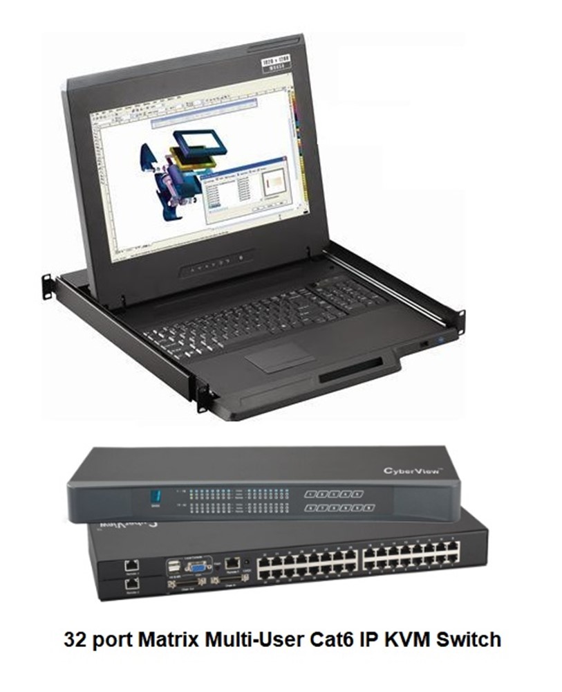 Cyberview F117 1920x 1080 1U Single Slide 17" LCD Drawer w/ 3-Console 32-Port CAT6 IP Matrix KVM Switch – 1 Local + 1 IP + 1 Ext RemUsers, Inputs DP, HDMI, DVI, VGA