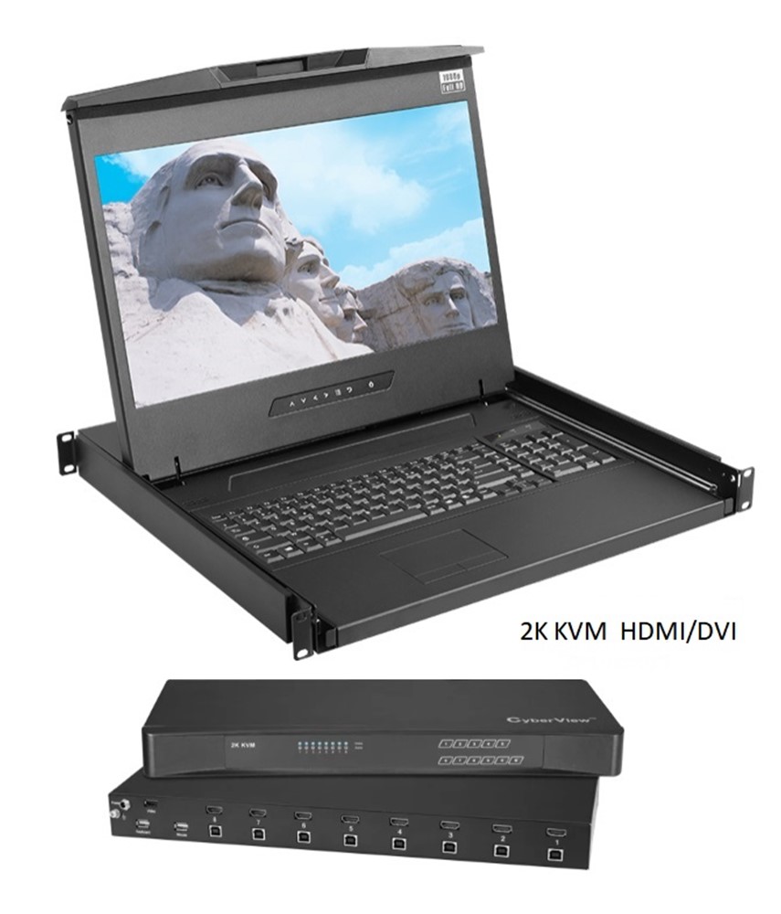 Cyberview 1U 17” 1920x1080 Console with 2K 8 Port KVM - HDMI/USB  