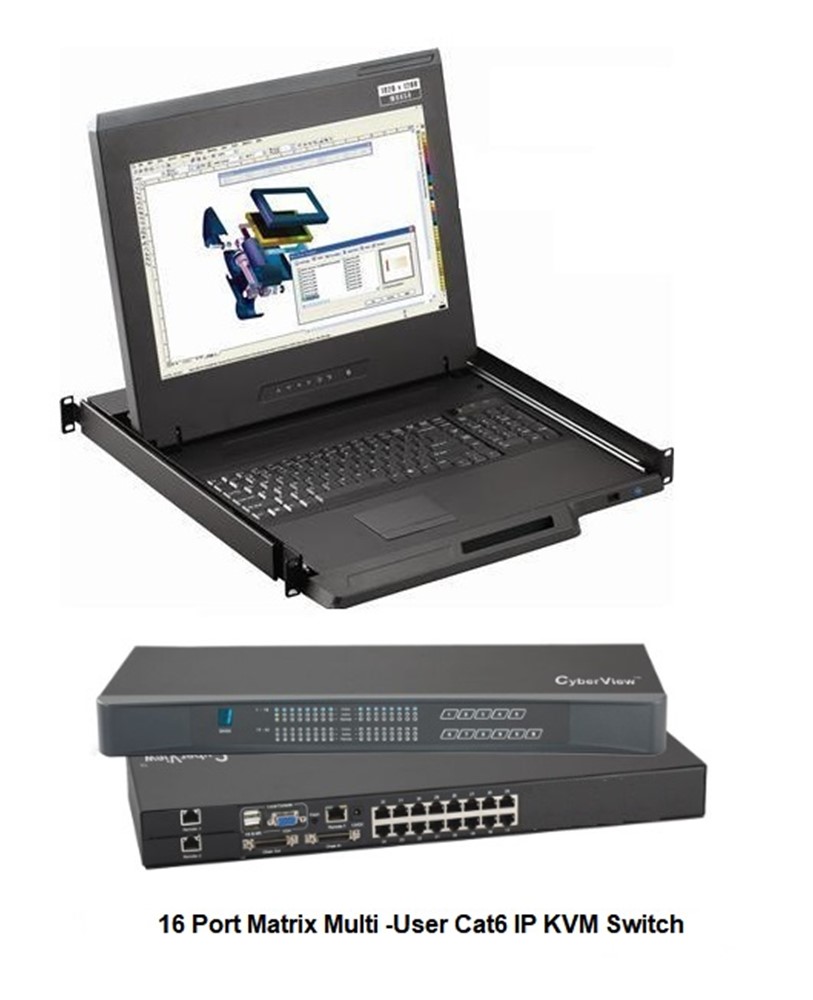 CyberView F119 1920x1080 LCD Console 1U 19" K/B & MS w/Touchpad - Matrix Cat6/IP 16 Port KVM integrate Switch w/Remote Console