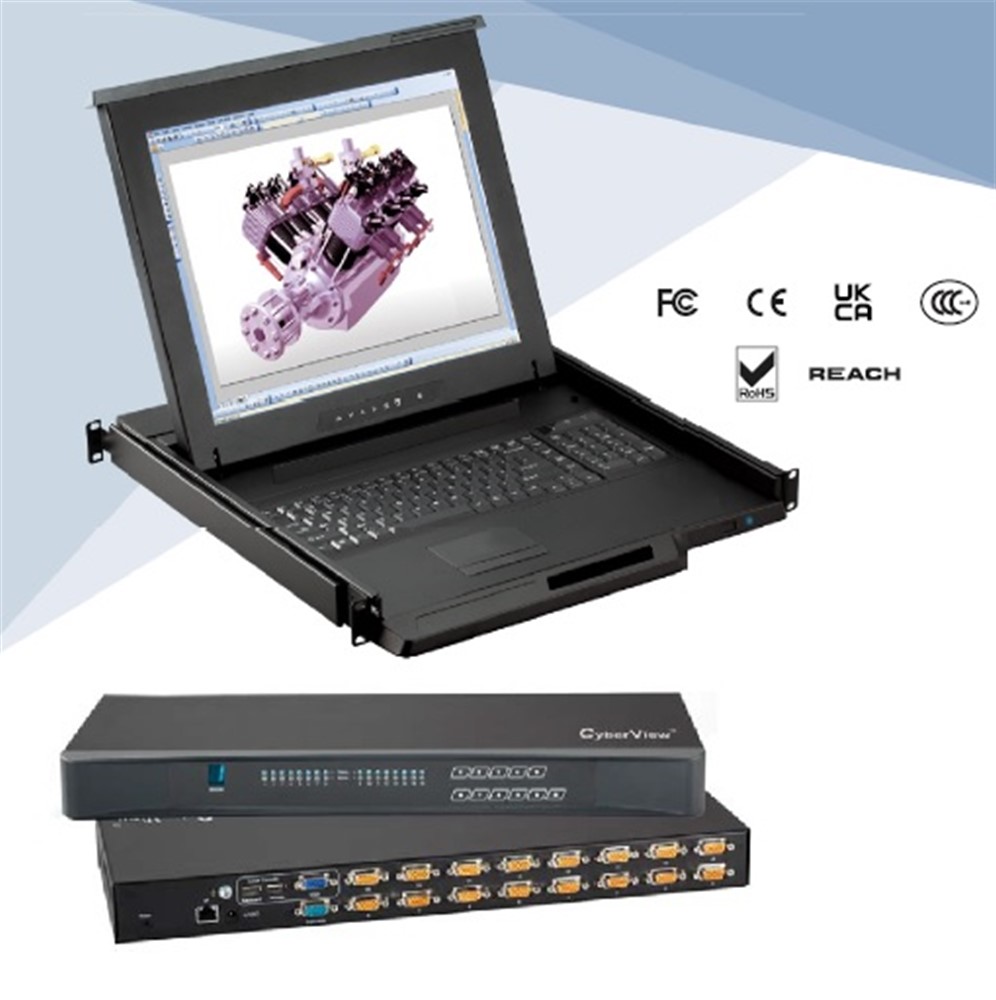 Cyberview 17" 1280 x 1024 LCD Console Drawer with Touchpad, 1RU, integrated w/ 16-port KVM, Combo DB-15 
