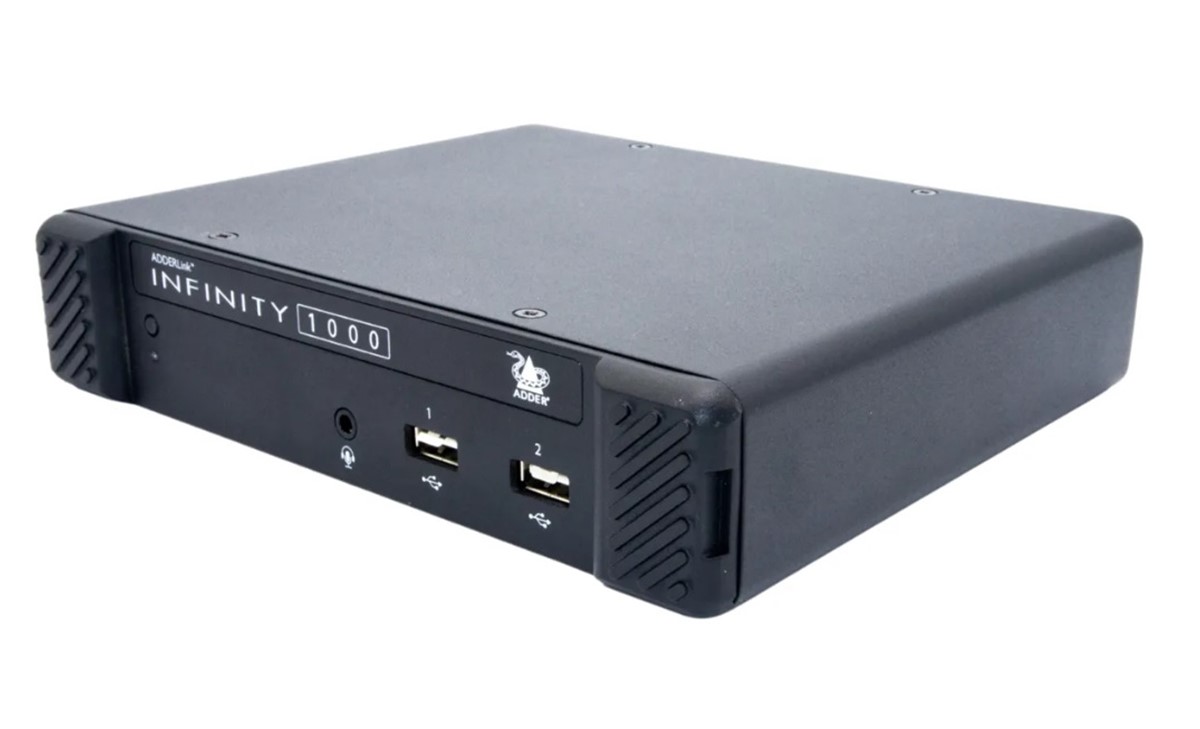 ADDERLink INFINITY 1102Rx DisplayPort Extender,  connectors, single-head digital video, audio, and USB2.0 over 1GbE IP network.