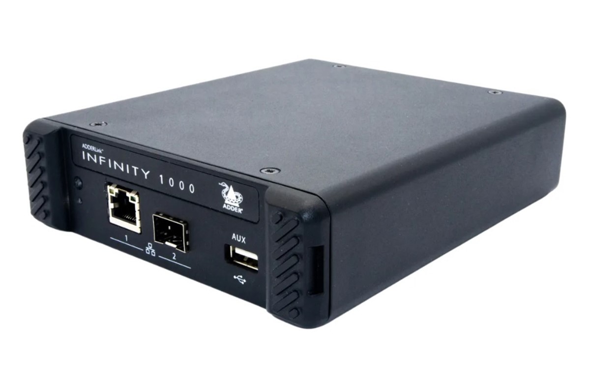ADDERLink INFINITY 1102Tx DisplayPort Extender, connectors, single-head digital video, audio, and USB2.0 over 1GbE IP network.