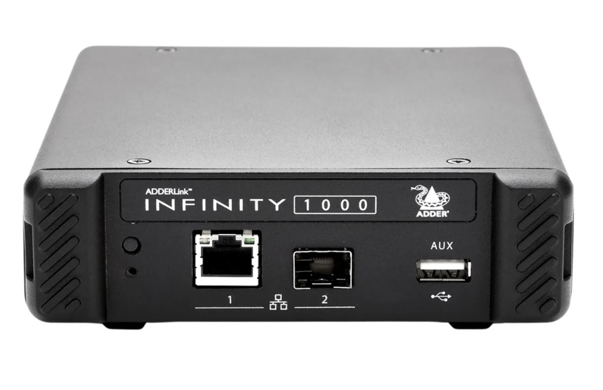 ADDERLink INFINITY 1104T HDMI Extender - connectors, single-head digital video, audio, and USB2.0 over 1GbE IP network.