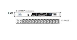 InfraPower Intelligent ATS w/IP Access, Local Meter, Horizontal 1RU, 12xC13 Sockets, 230V 16A, 2x 3m leads with 16A C20 plugs, Black 